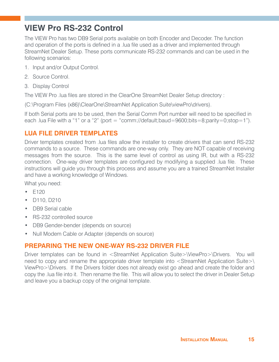 View pro rs-232 control, Lua file driver templates, Preparing the new one-way rs-232 driver file | ClearOne VIEW Pro - D110 Manual User Manual | Page 19 / 31
