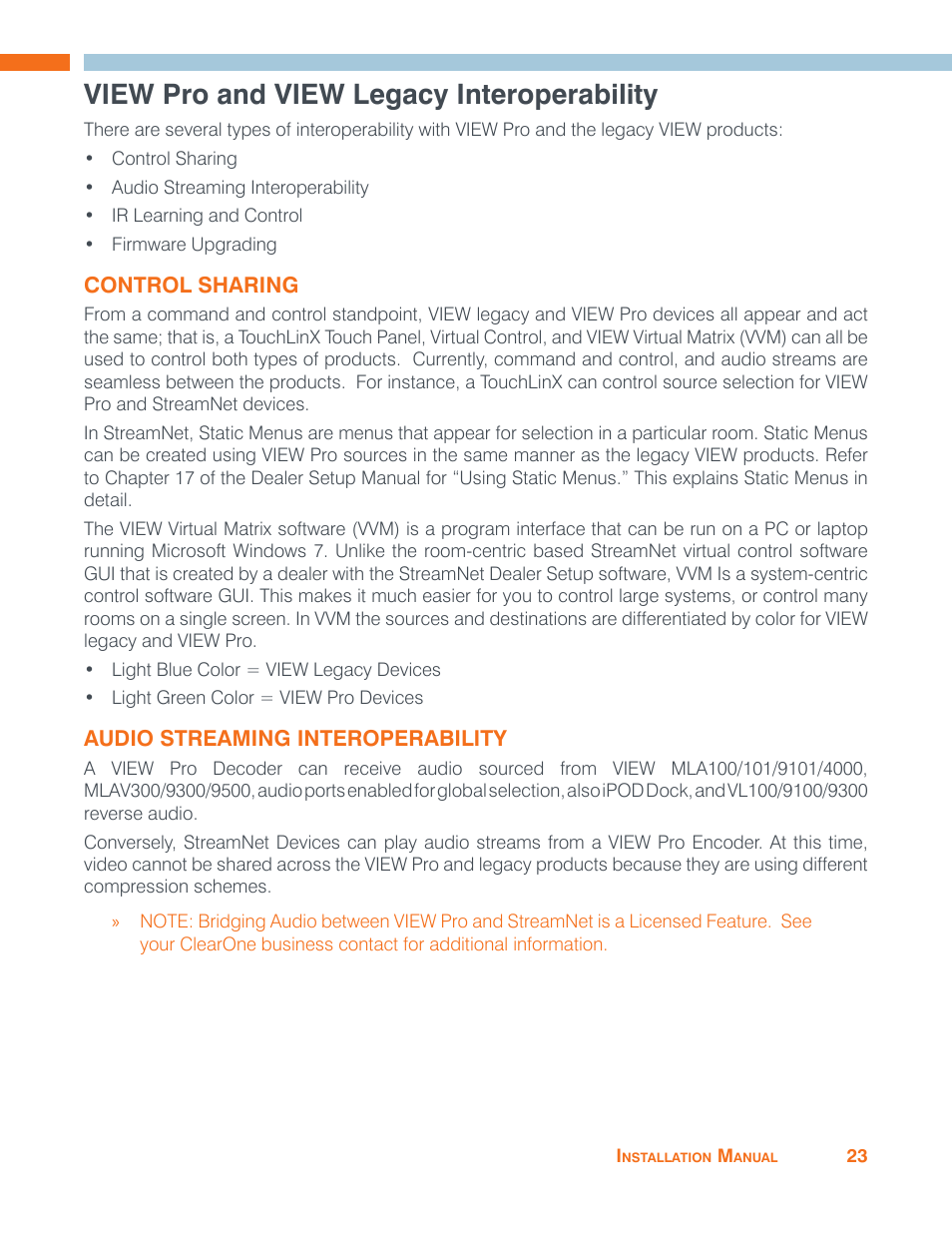 View pro and view legacy interoperability, Control sharing, Audio streaming interoperability | Control sharing audio streaming interoperability | ClearOne VIEW Pro - D110 Manual User Manual | Page 27 / 31