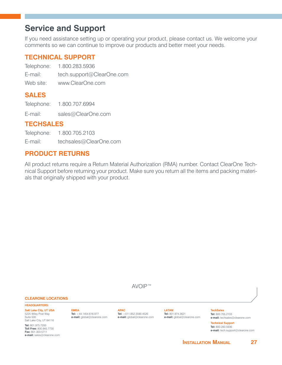 Service and support, Technical support, Sales | Techsales, Product returns | ClearOne VIEW Pro - D110 Manual User Manual | Page 31 / 31
