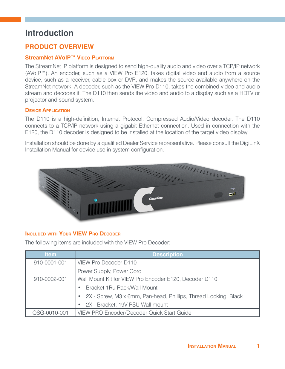 Introduction, Product overview, Streamnet avoip™ video platform | Device application, Included with your view pro decoder | ClearOne VIEW Pro - D110 Manual User Manual | Page 5 / 31
