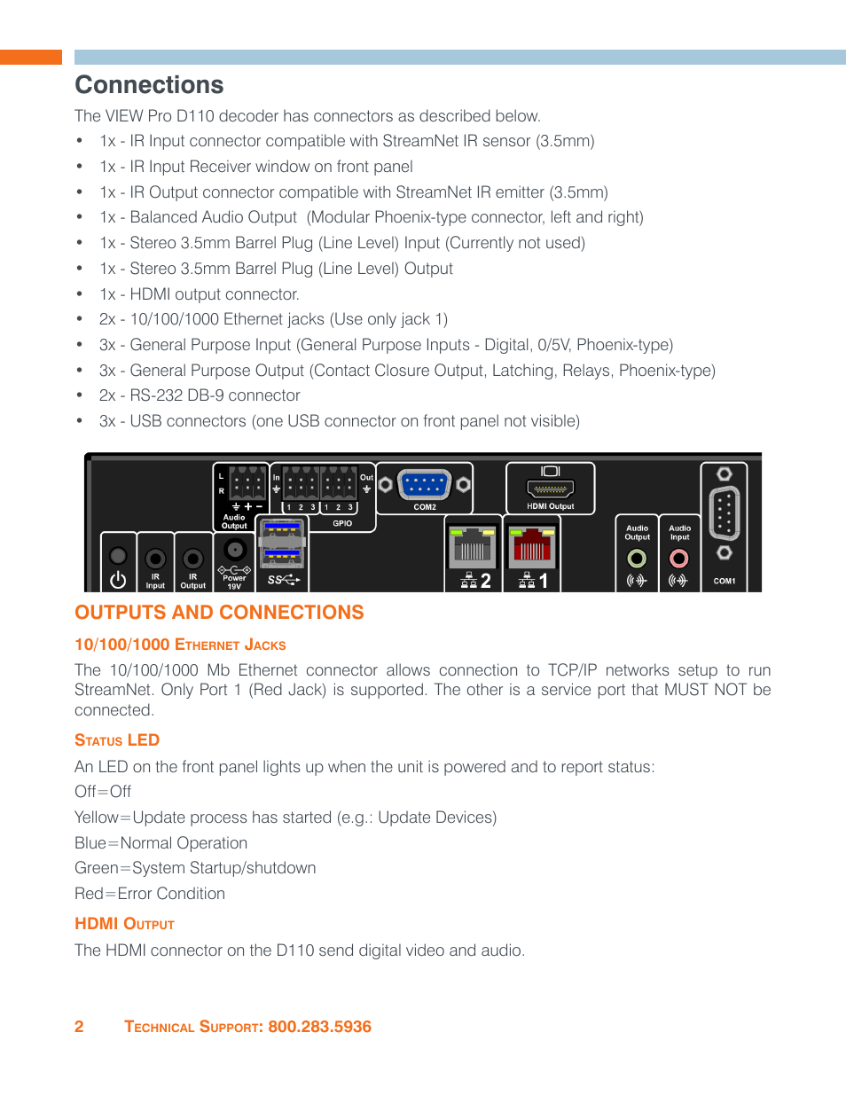 Connections, Outputs and connections, 10/100/1000 ethernet jacks | Status led, 10/100/1000 ethernet jacks status led | ClearOne VIEW Pro - D110 Manual User Manual | Page 6 / 31