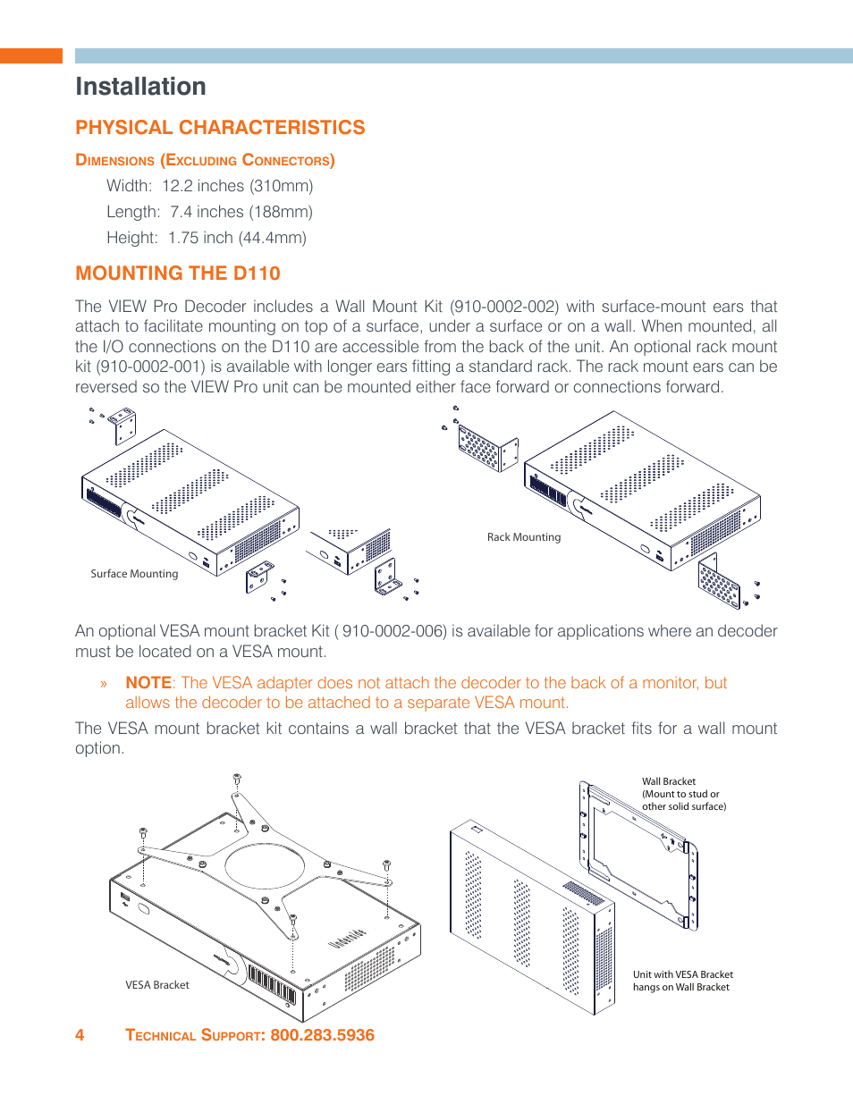 Installation, Physical characteristics, Dimensions (excluding connectors) | Mounting the d110 | ClearOne VIEW Pro - D110 Manual User Manual | Page 8 / 31