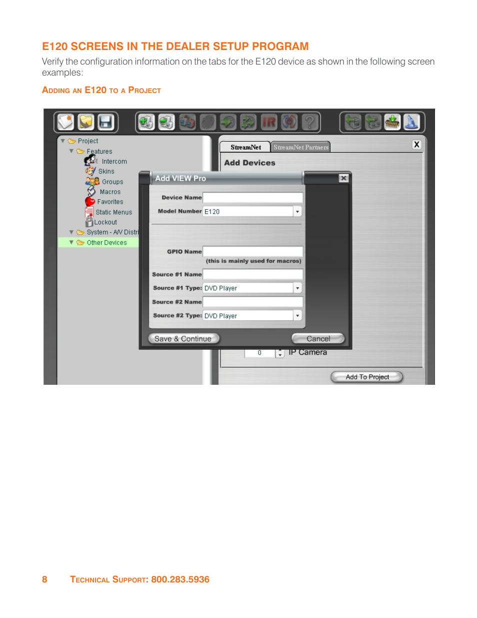 E120 screens in the dealer setup program, Adding an e120 to a project, E120 screens in the dealers setup program | ClearOne VIEW Pro - E120 Manual User Manual | Page 12 / 37