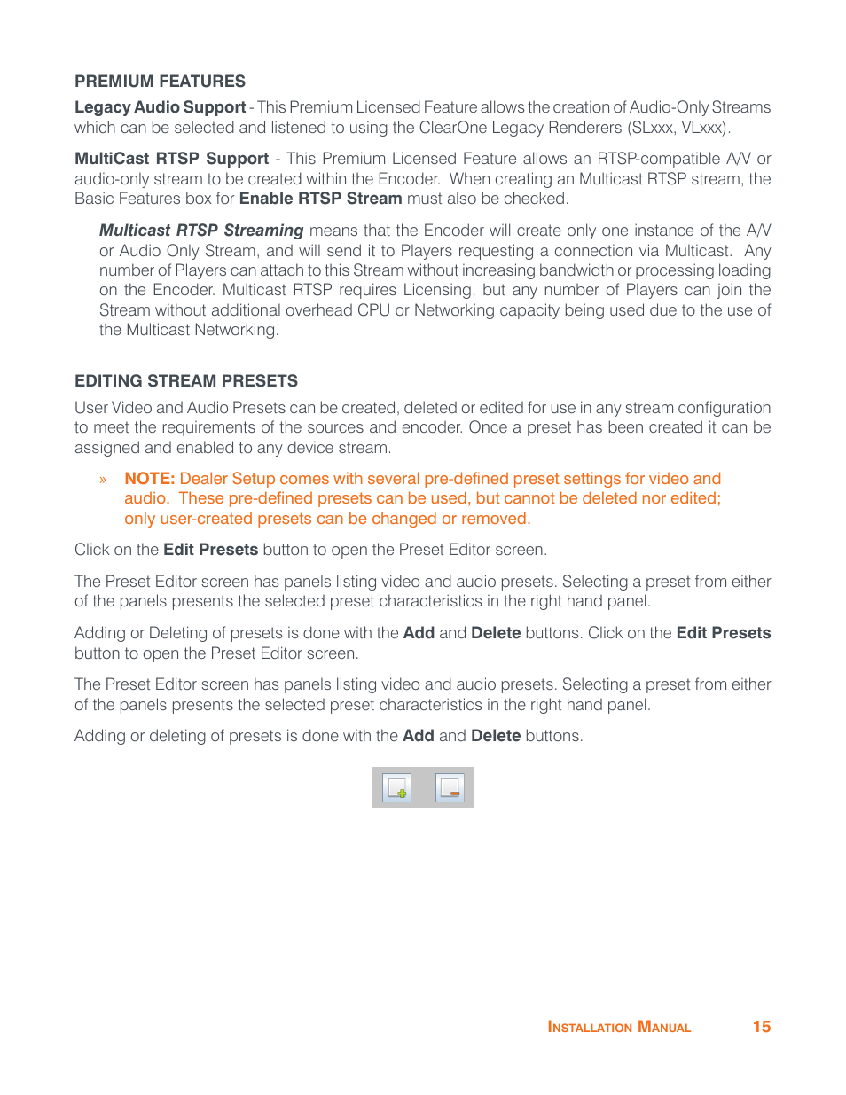 Premium features, Editing stream presets, Premium features editing stream presets | ClearOne VIEW Pro - E120 Manual User Manual | Page 19 / 37