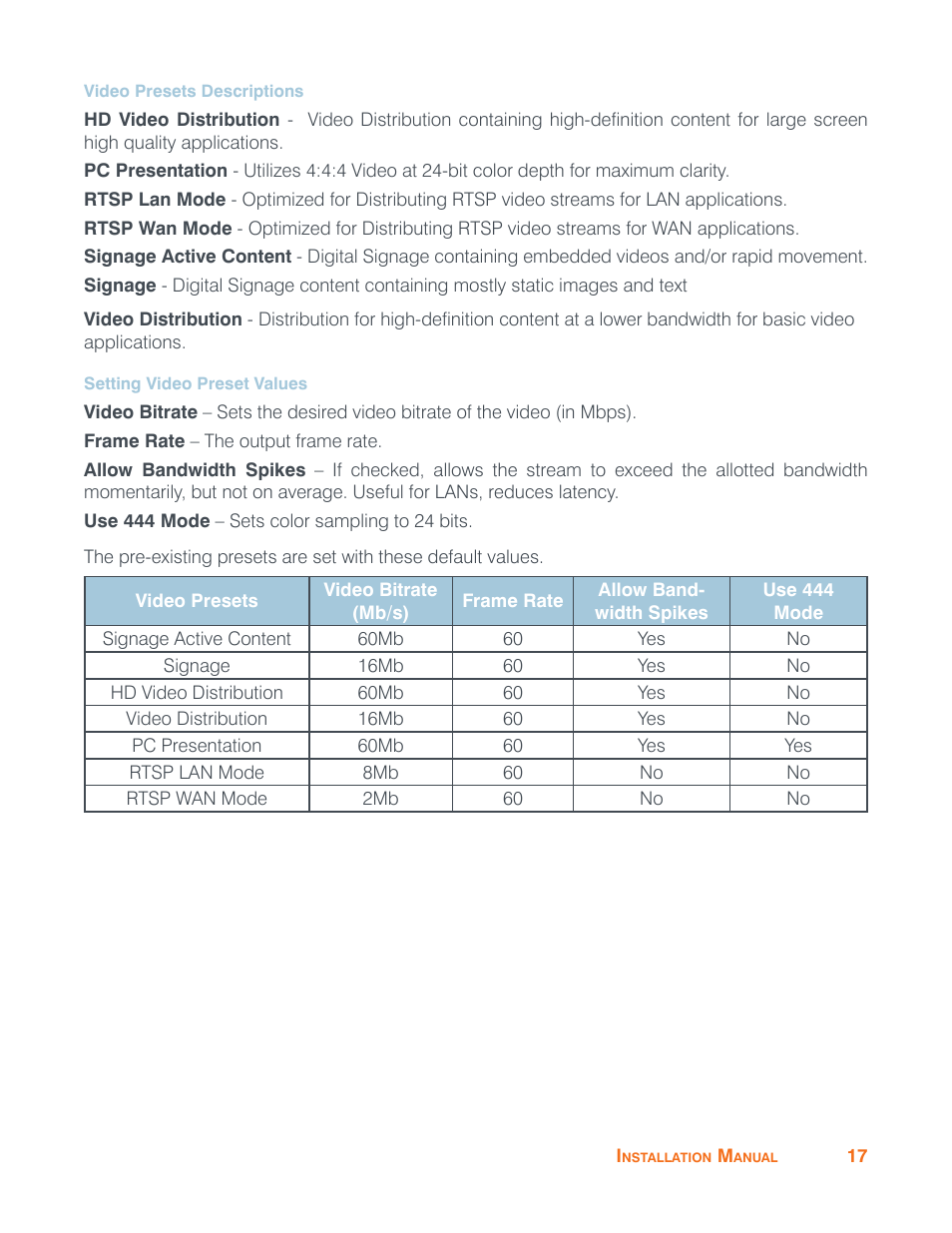 Video presets descriptions, Setting video preset values | ClearOne VIEW Pro - E120 Manual User Manual | Page 21 / 37
