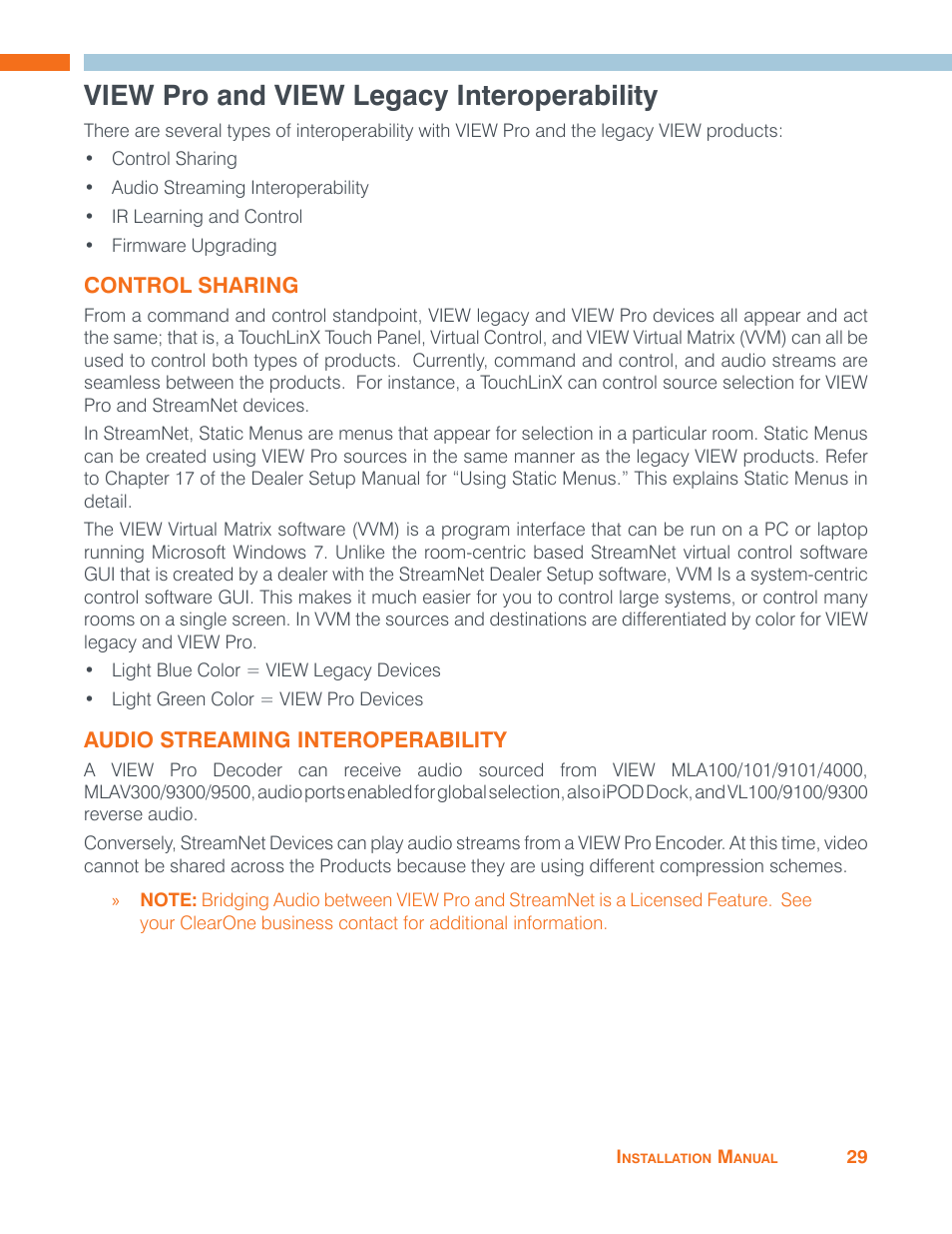 View pro and view legacy interoperability, Control sharing, Audio streaming interoperability | Control sharing audio streaming interoperability | ClearOne VIEW Pro - E120 Manual User Manual | Page 33 / 37