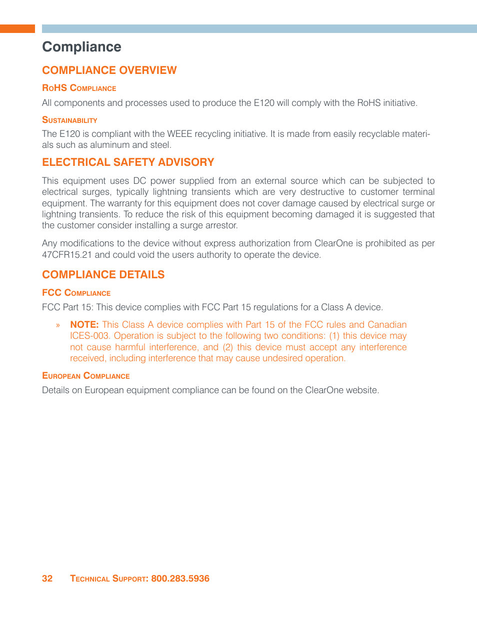 Compliance, Compliance overview, Rohs compliance stainability | Electrical safety advisory compliance details, Fcc compliance european compliance, Electrical safety advisory, Compliance details | ClearOne VIEW Pro - E120 Manual User Manual | Page 36 / 37