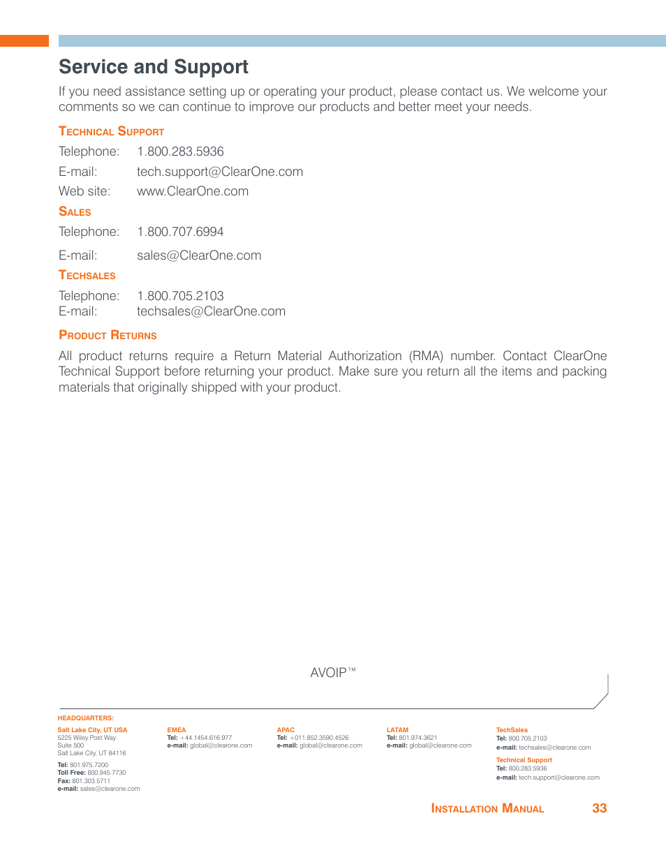 Service and support, Technical support sales techsales product returns | ClearOne VIEW Pro - E120 Manual User Manual | Page 37 / 37