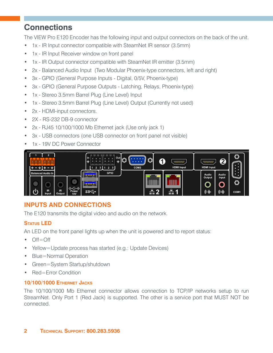 Connections, Inputs and connections, Status led | 10/100/1000 ethernet jacks, Status led 10/100/1000 ethernet jack | ClearOne VIEW Pro - E120 Manual User Manual | Page 6 / 37