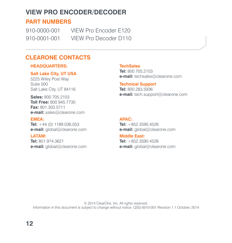 Part numbers, Clearone contacts, Part numbers clearone contacts | View pro encoder/decoder 12 | ClearOne VIEW Pro Quick Start User Manual | Page 14 / 14