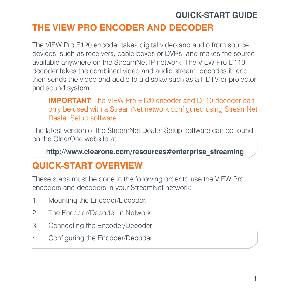 The view pro encoder and decoder, Quick-start overview | ClearOne VIEW Pro Quick Start User Manual | Page 3 / 14