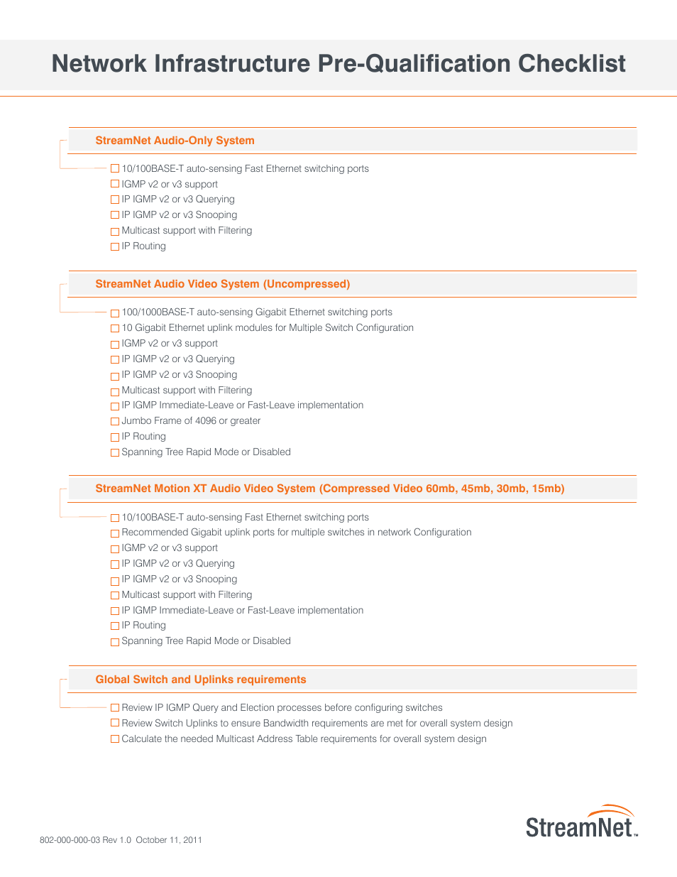 Network infrastructure pre-qualification checklist | ClearOne StreamNet Network Infrastructure Pre-Qualification User Manual | Page 3 / 4