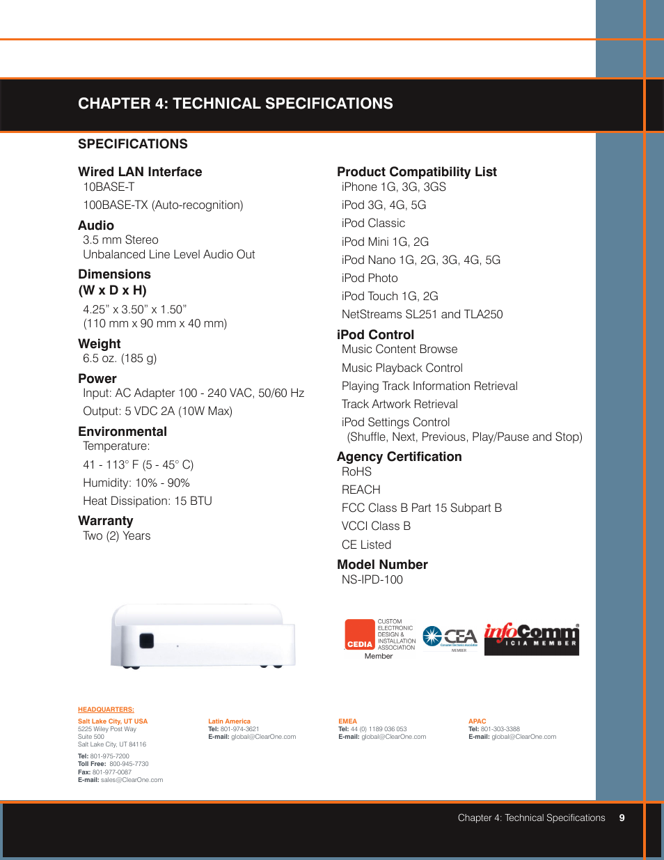 Chapter 4: technical specifications, Specifications, Wired lan interface | Audio, Dimensions, Weight, Power, Environmental, Warranty, Product compatibility list | ClearOne NS-IPD-100 User Manual | Page 12 / 12