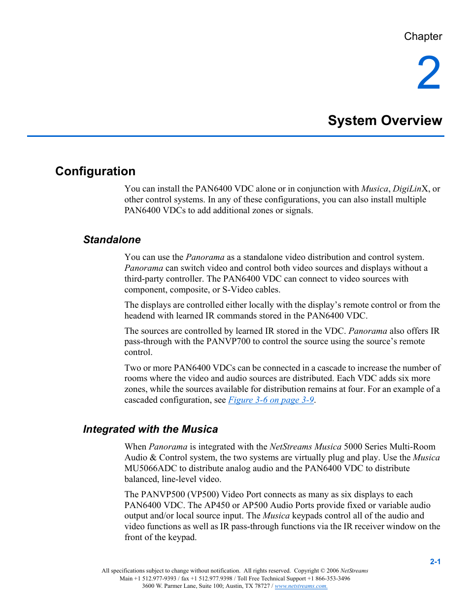 System overview, Configuration, Standalone | Integrated with the musica, Chapter 2: system overview -1, Configuration -1, Standalone -1 integrated with the | ClearOne PAN6400 User Manual | Page 11 / 64