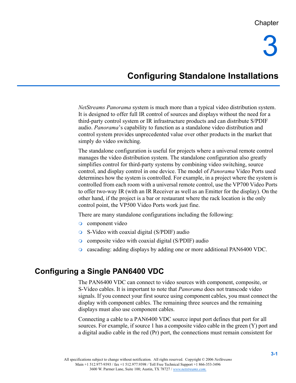 Configuring standalone installations, Configuring a single pan6400 vdc, Chapter 3: configuring standalone installations -1 | Configuring a single pan6400 vdc -1 | ClearOne PAN6400 User Manual | Page 19 / 64