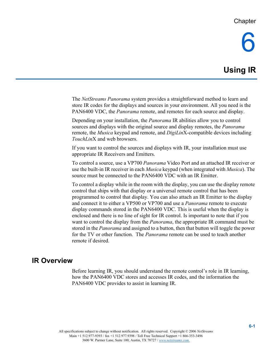Using ir, Ir overview, Chapter 6: using ir -1 | Ir overview -1, Chapter 6, using ir | ClearOne PAN6400 User Manual | Page 47 / 64