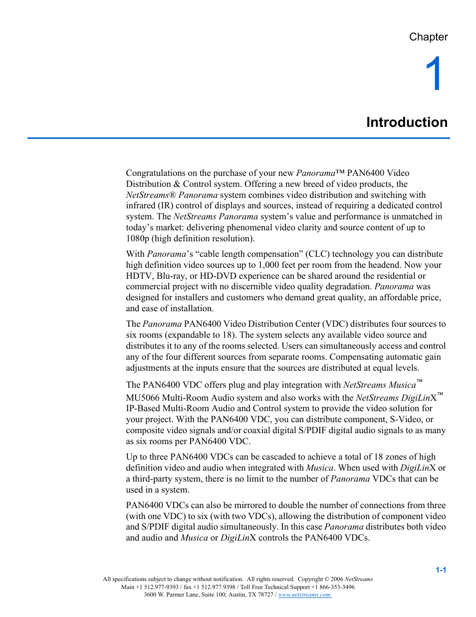 Introduction, Chapter 1: introduction -1 | ClearOne PAN6400 User Manual | Page 5 / 64