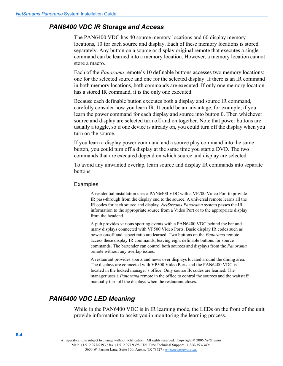 Pan6400 vdc ir storage and access, Examples, Pan6400 vdc led meaning | ClearOne PAN6400 User Manual | Page 50 / 64
