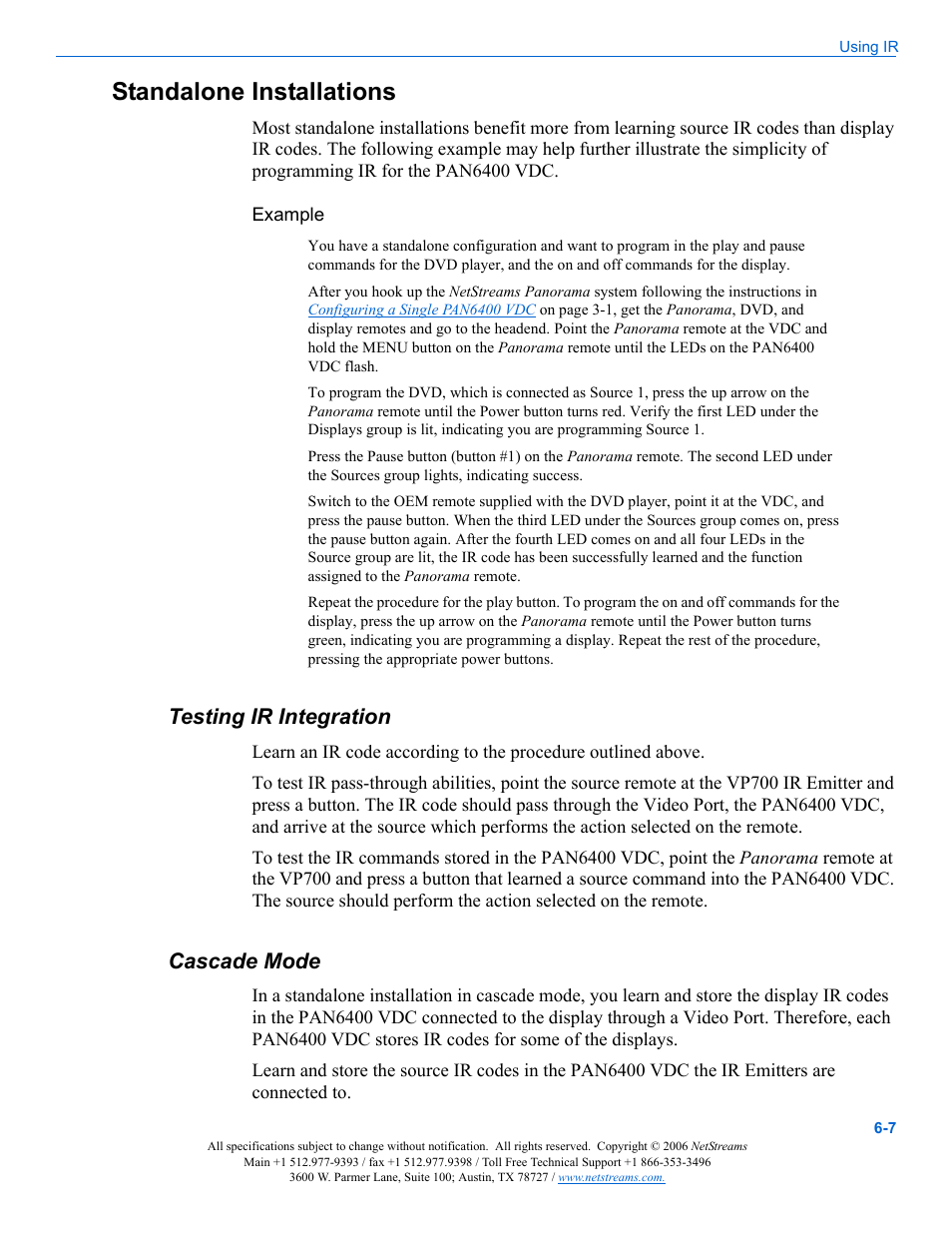 Standalone installations, Example, Testing ir integration | Cascade mode, Standalone installations -7, Testing ir integration -7 cascade mode -7 | ClearOne PAN6400 User Manual | Page 53 / 64