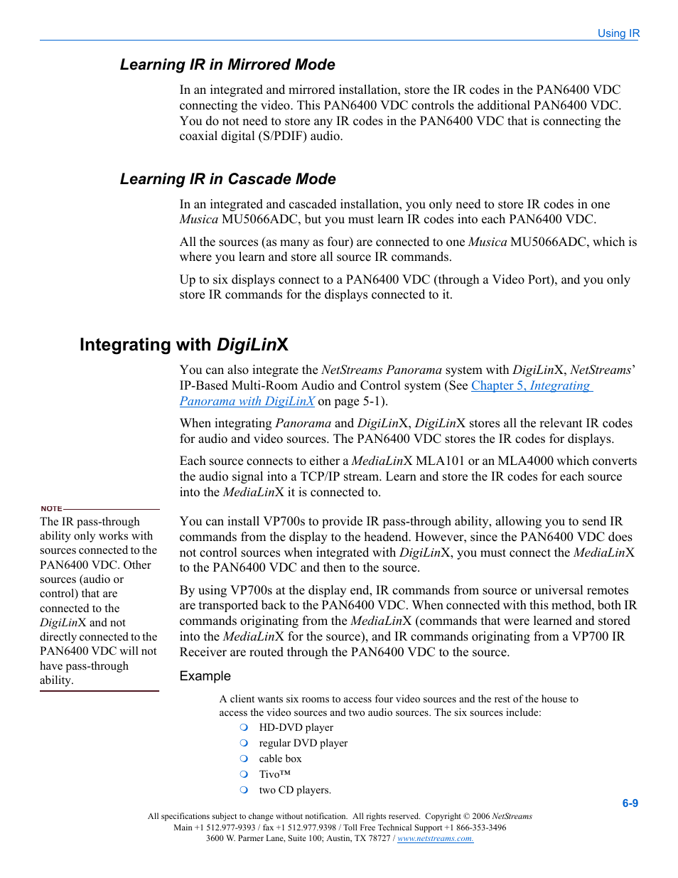 Learning ir in mirrored mode, Learning ir in cascade mode, Integrating with digilinx | Example, Integrating with, Integrating with digilin x | ClearOne PAN6400 User Manual | Page 55 / 64