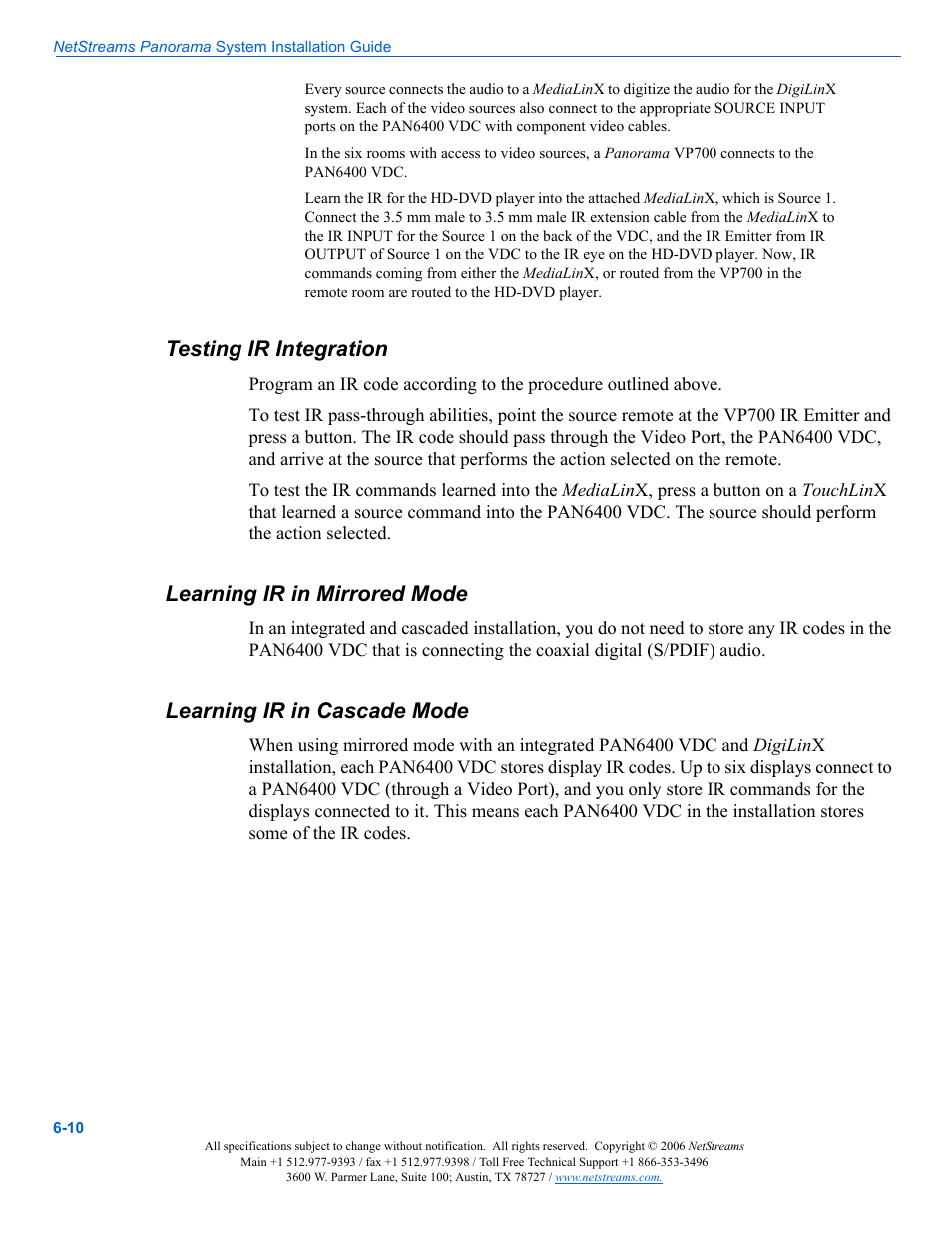 Testing ir integration, Learning ir in mirrored mode, Learning ir in cascade mode | ClearOne PAN6400 User Manual | Page 56 / 64