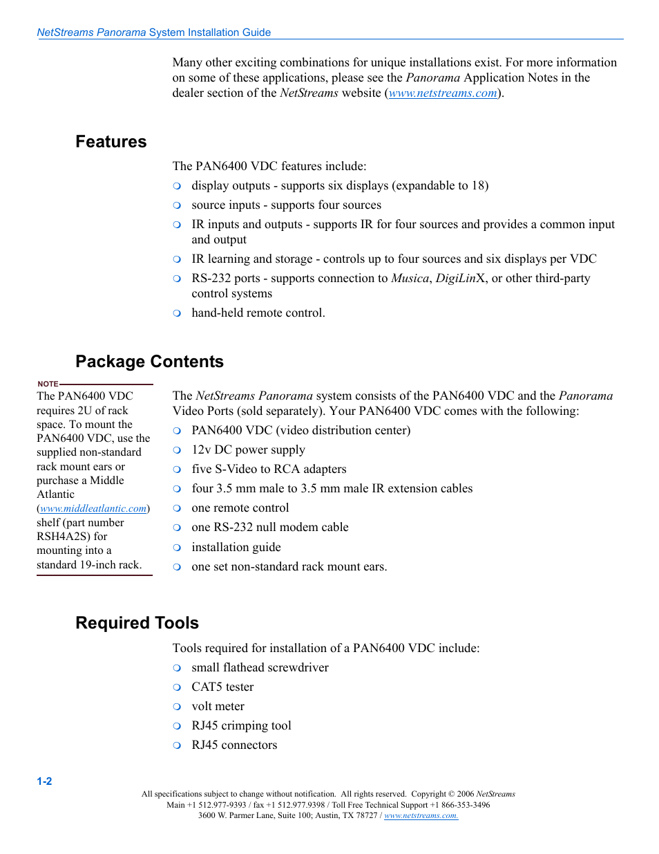 Features, Package contents, Required tools | Features -2, Package contents -2, Required tools -2 | ClearOne PAN6400 User Manual | Page 6 / 64