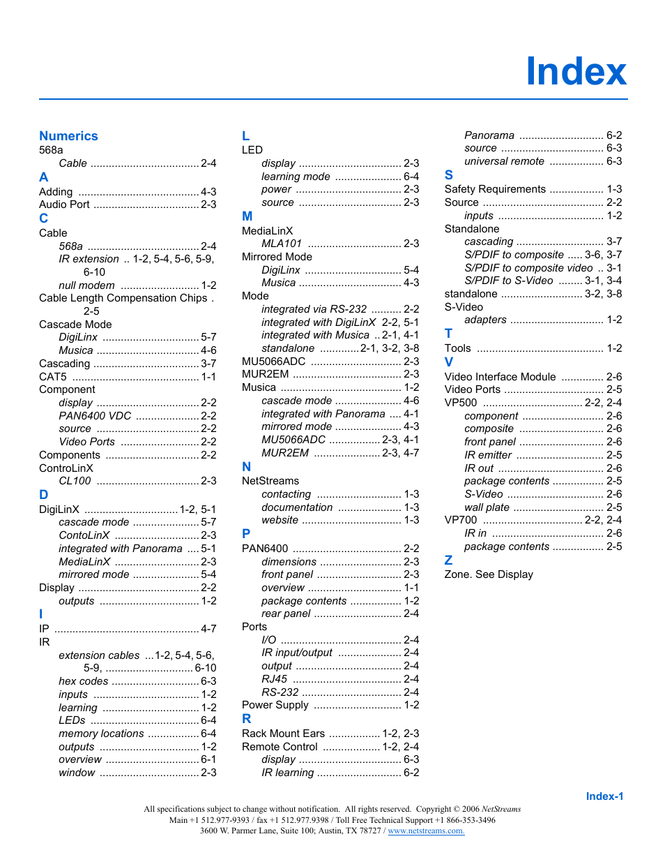 Index | ClearOne PAN6400 User Manual | Page 63 / 64