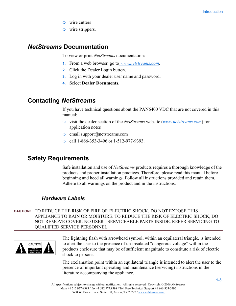 Netstreams documentation, Contacting netstreams, Safety requirements | Hardware labels, Netstreams documentatio, Contacting, Safety requirements -3, Hardware labels -3 | ClearOne PAN6400 User Manual | Page 7 / 64