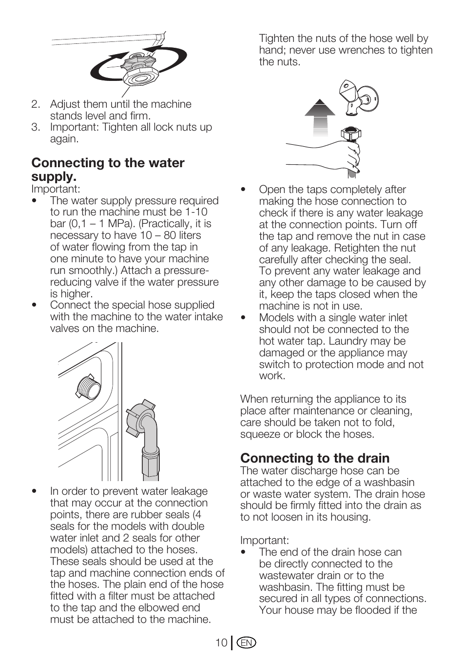 Connecting to the water supply, Connecting to the drain | Beko WM 5140 W User Manual | Page 10 / 36