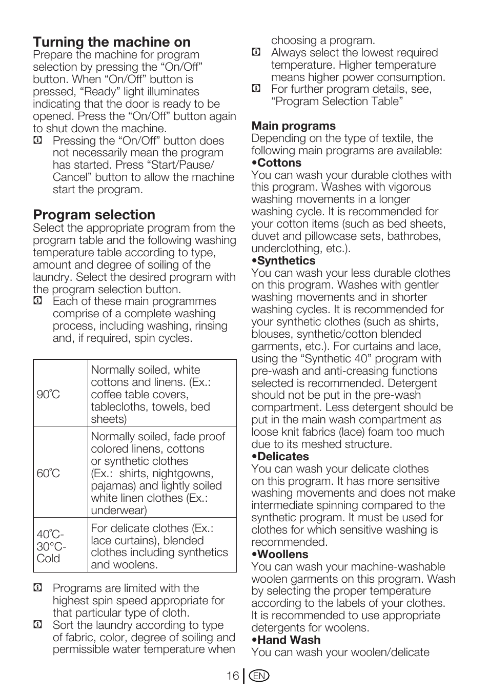 Turning the machine on, Program selection | Beko WM 5140 W User Manual | Page 16 / 36