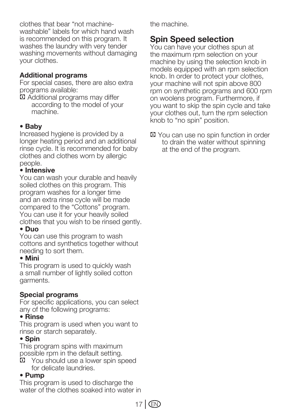 Spin speed selection | Beko WM 5140 W User Manual | Page 17 / 36