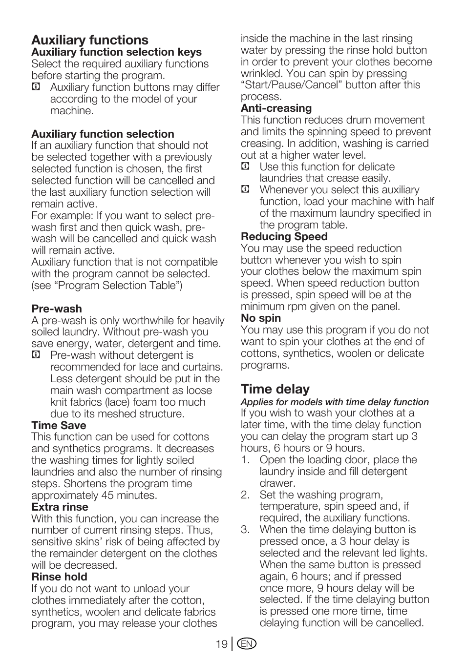 Auxiliary functions, Time delay | Beko WM 5140 W User Manual | Page 19 / 36