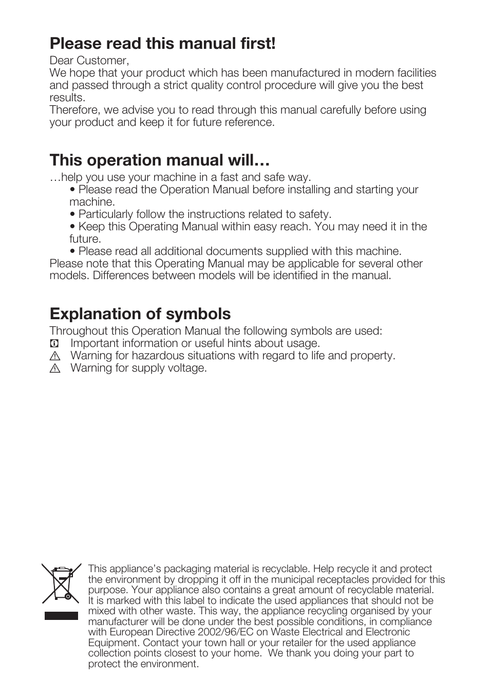 Please read this manual first, This operation manual will, Explanation of symbols | Beko WM 5140 W User Manual | Page 2 / 36