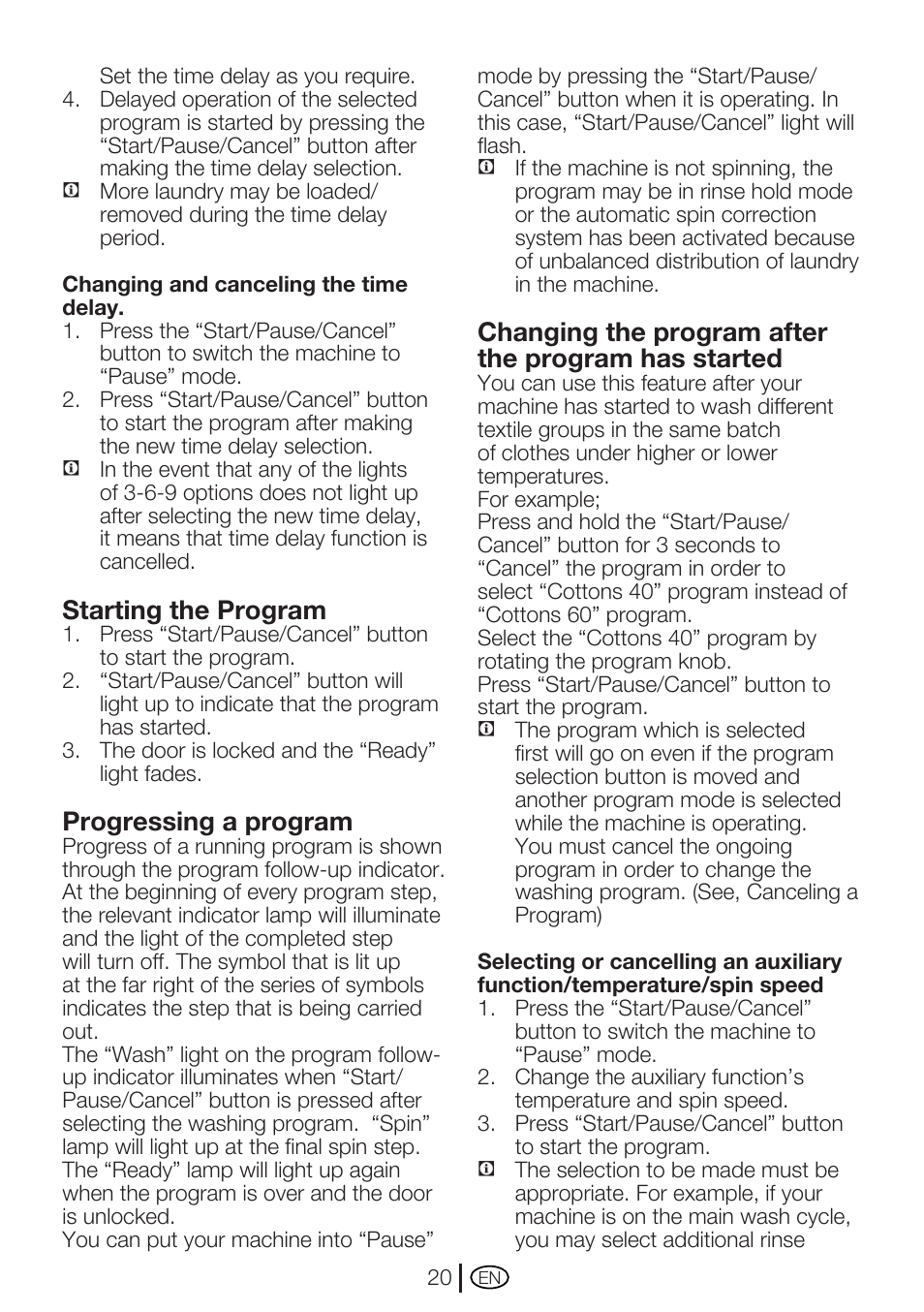 Starting the program, Progressing a program, Changing the program after the program has started | Beko WM 5140 W User Manual | Page 20 / 36