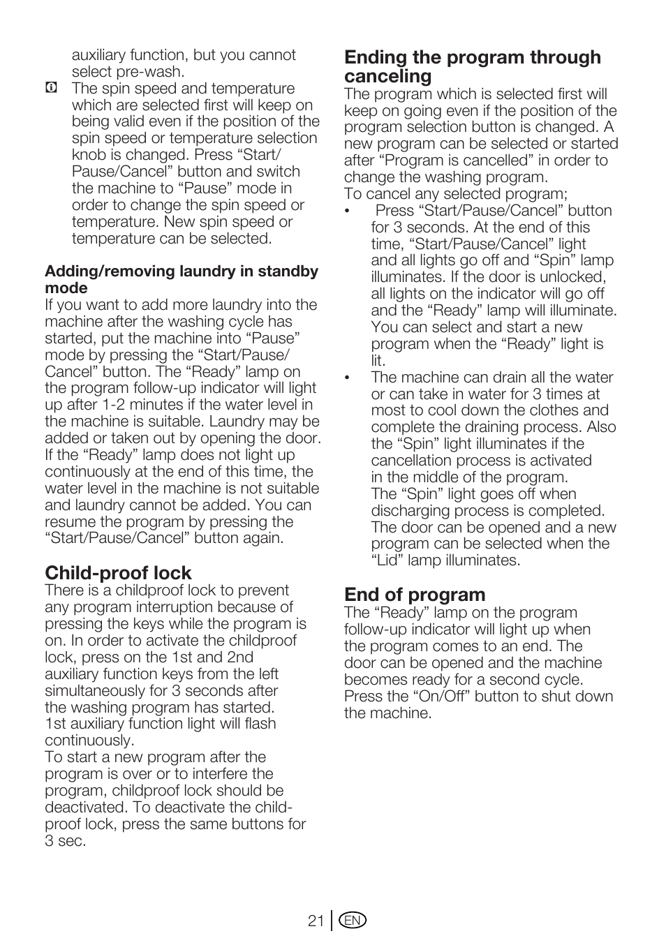Child-proof lock, Ending the program through canceling, End of program | Beko WM 5140 W User Manual | Page 21 / 36