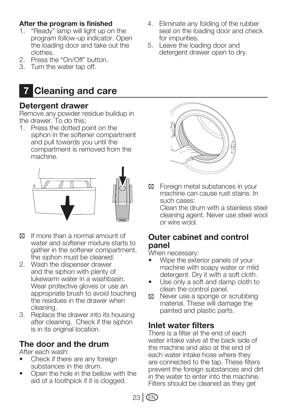 7cleaning and care, Detergent drawer, The door and the drum | Outer cabinet and control panel, Inlet water filters | Beko WM 5140 W User Manual | Page 23 / 36