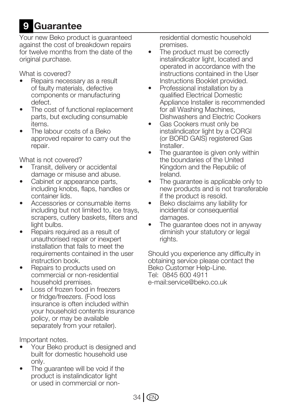 9guarantee | Beko WM 5140 W User Manual | Page 34 / 36