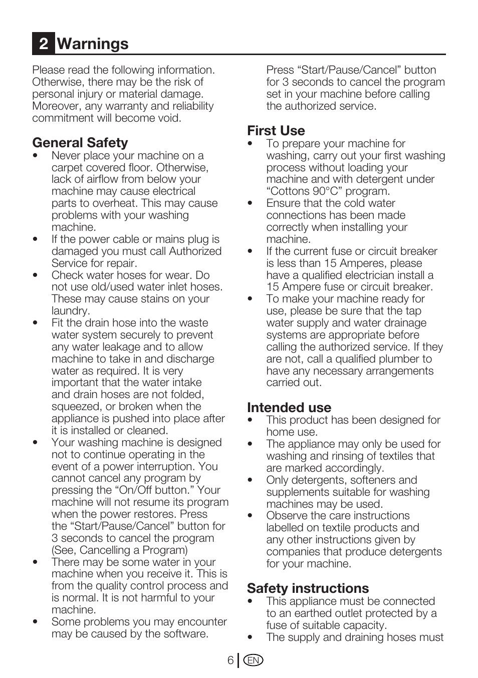 2warnings, General safety, First use | Intended use, Safety instructions | Beko WM 5140 W User Manual | Page 6 / 36