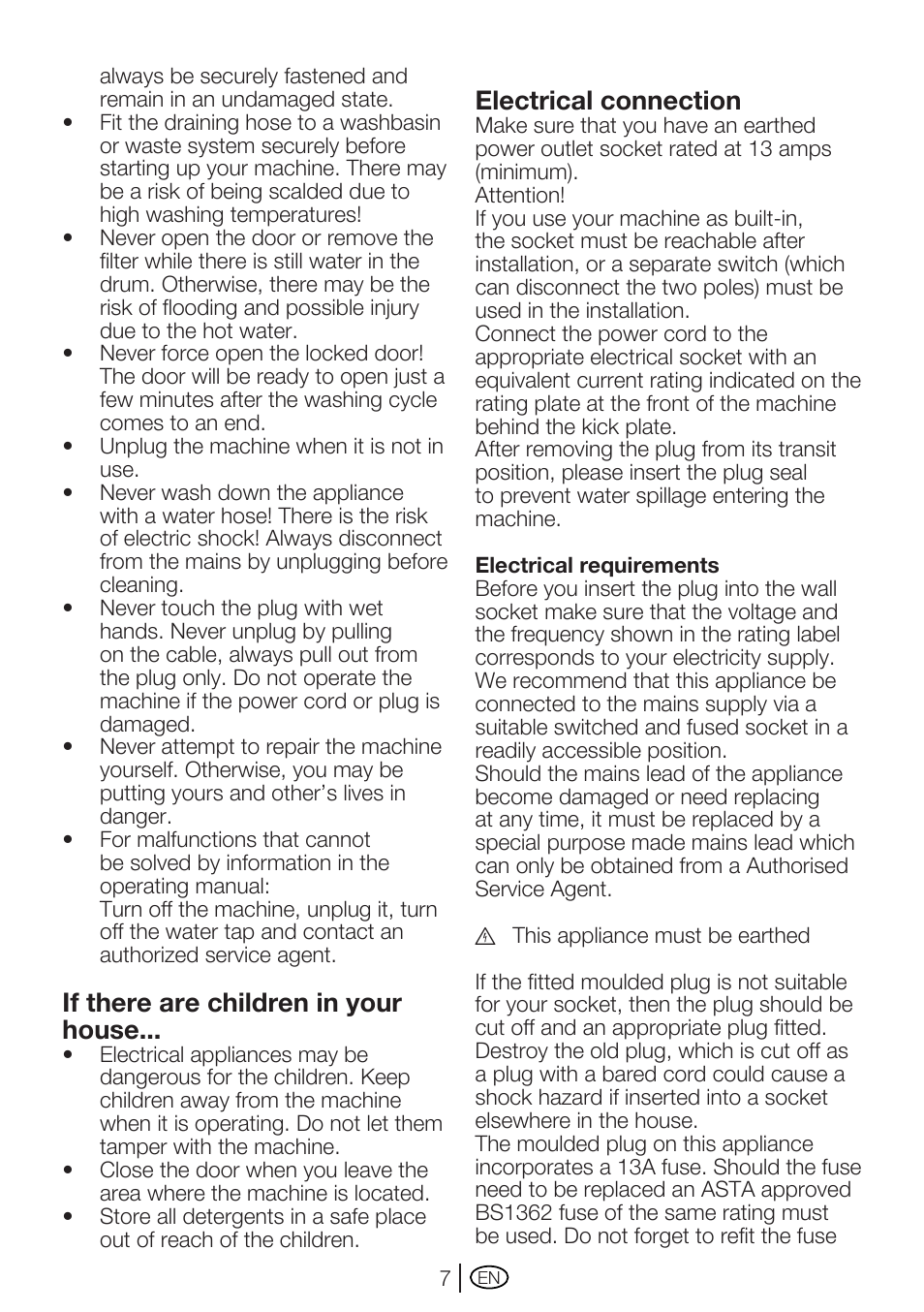 If there are children in your house, Electrical connection | Beko WM 5140 W User Manual | Page 7 / 36