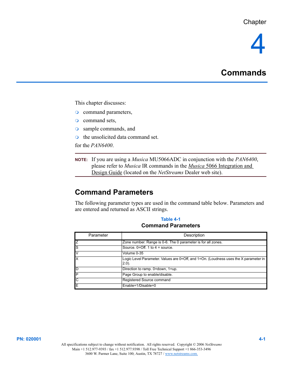 Commands, Command parameters, Chapter | ClearOne RS-232 User Manual | Page 11 / 14