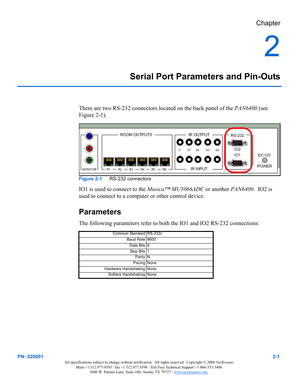 Serial port parameters and pin-outs, Parameters | ClearOne RS-232 User Manual | Page 7 / 14