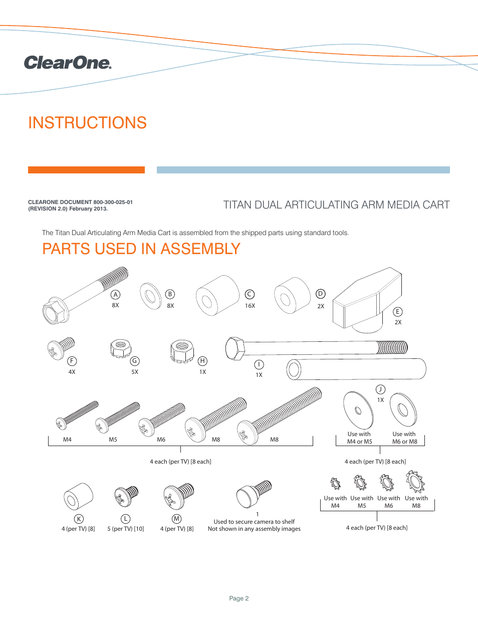 Instructions, Parts used in assembly, Titan dual articulating arm media cart | ClearOne Titan Articulating Arm Dual Media Cart User Manual | Page 2 / 9