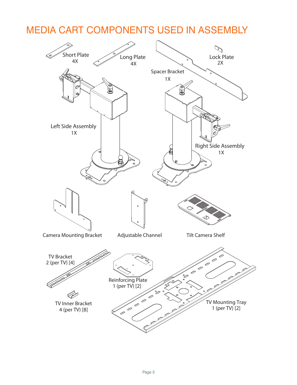Media cart components used in assembly | ClearOne Titan Articulating Arm Dual Media Cart User Manual | Page 3 / 9
