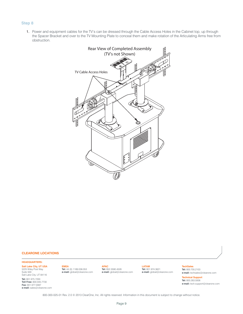 Rear view of completed assembly (tv’s not shown), Step 8 | ClearOne Titan Articulating Arm Dual Media Cart User Manual | Page 9 / 9