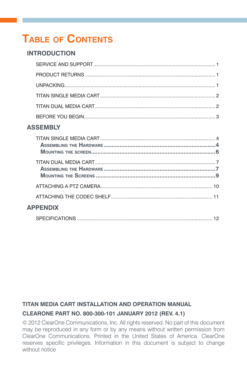 Able, Ontents | ClearOne Titan Media Cart User Manual | Page 2 / 15