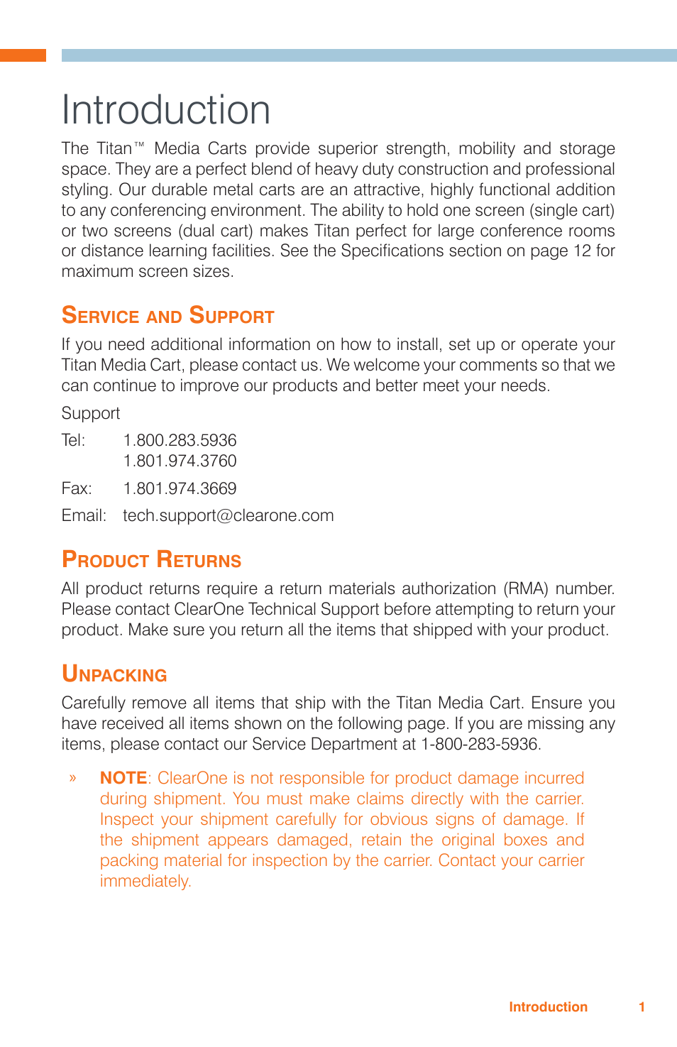 Introduction | ClearOne Titan Media Cart User Manual | Page 3 / 15