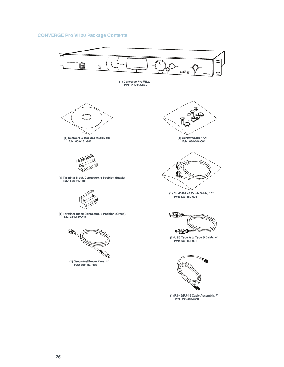 26 converge pro vh20 package contents | ClearOne Converge Pro User Manual | Page 31 / 380