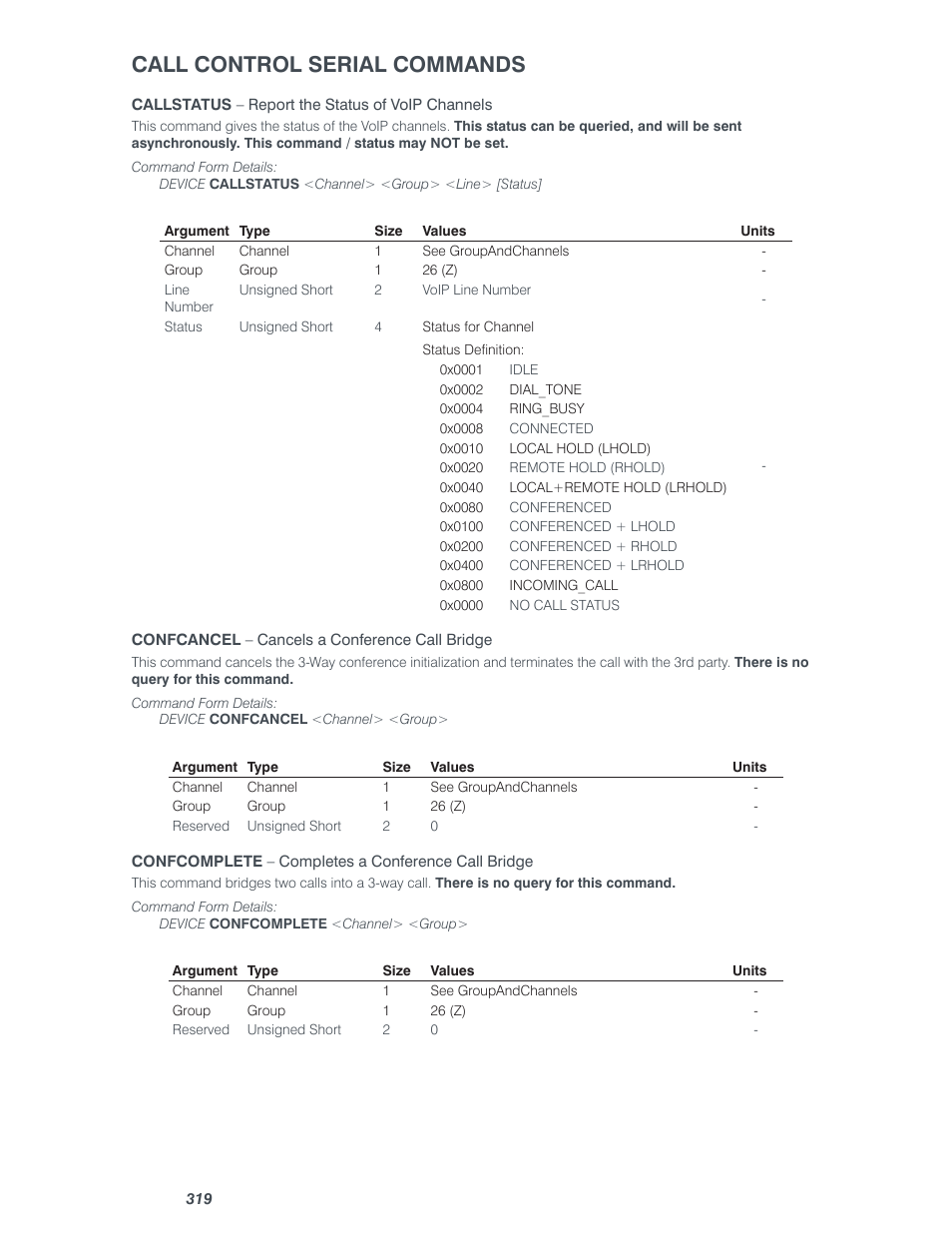 Call control serial commands | ClearOne Converge Pro User Manual | Page 324 / 380