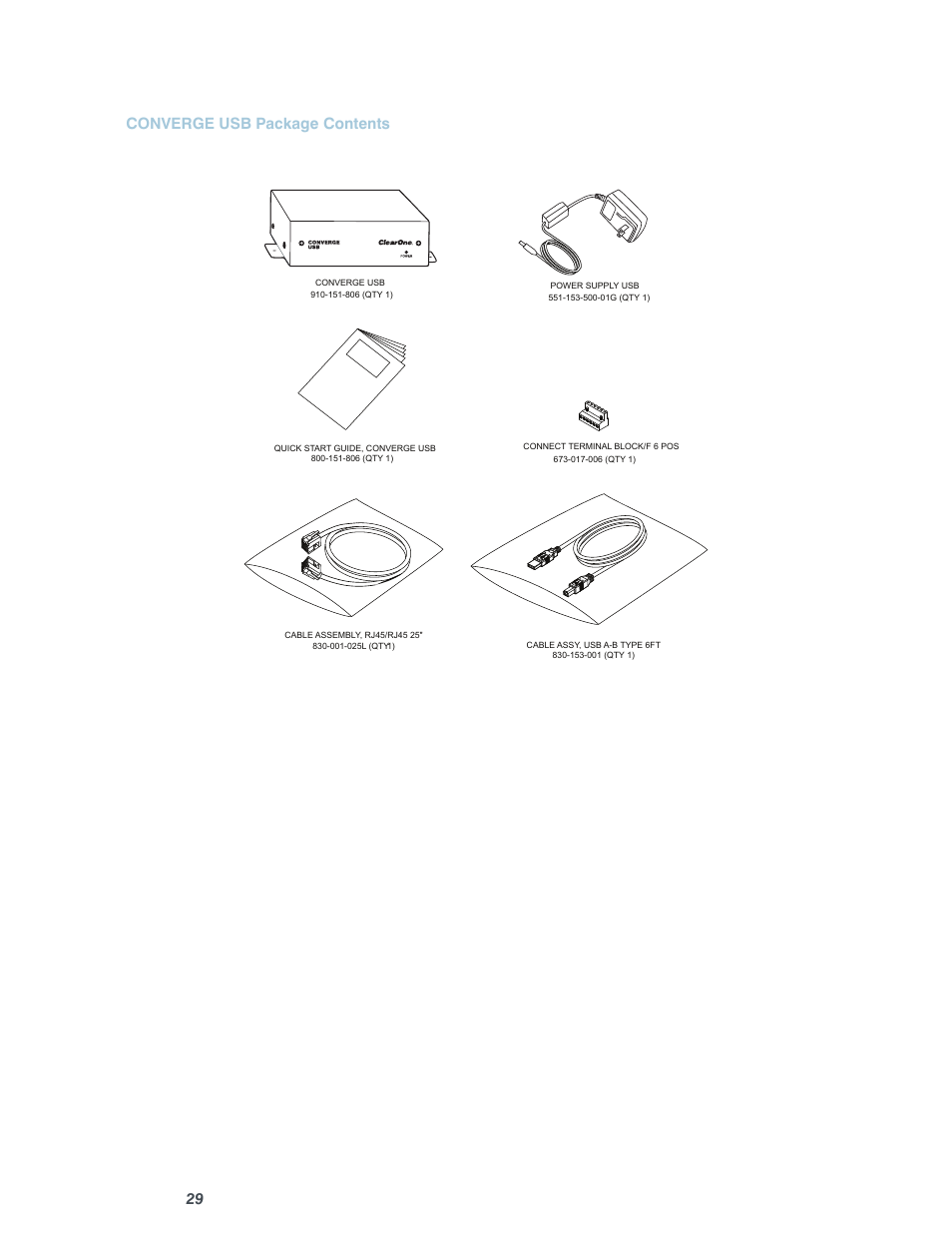 29 converge usb package contents | ClearOne Converge Pro User Manual | Page 34 / 380