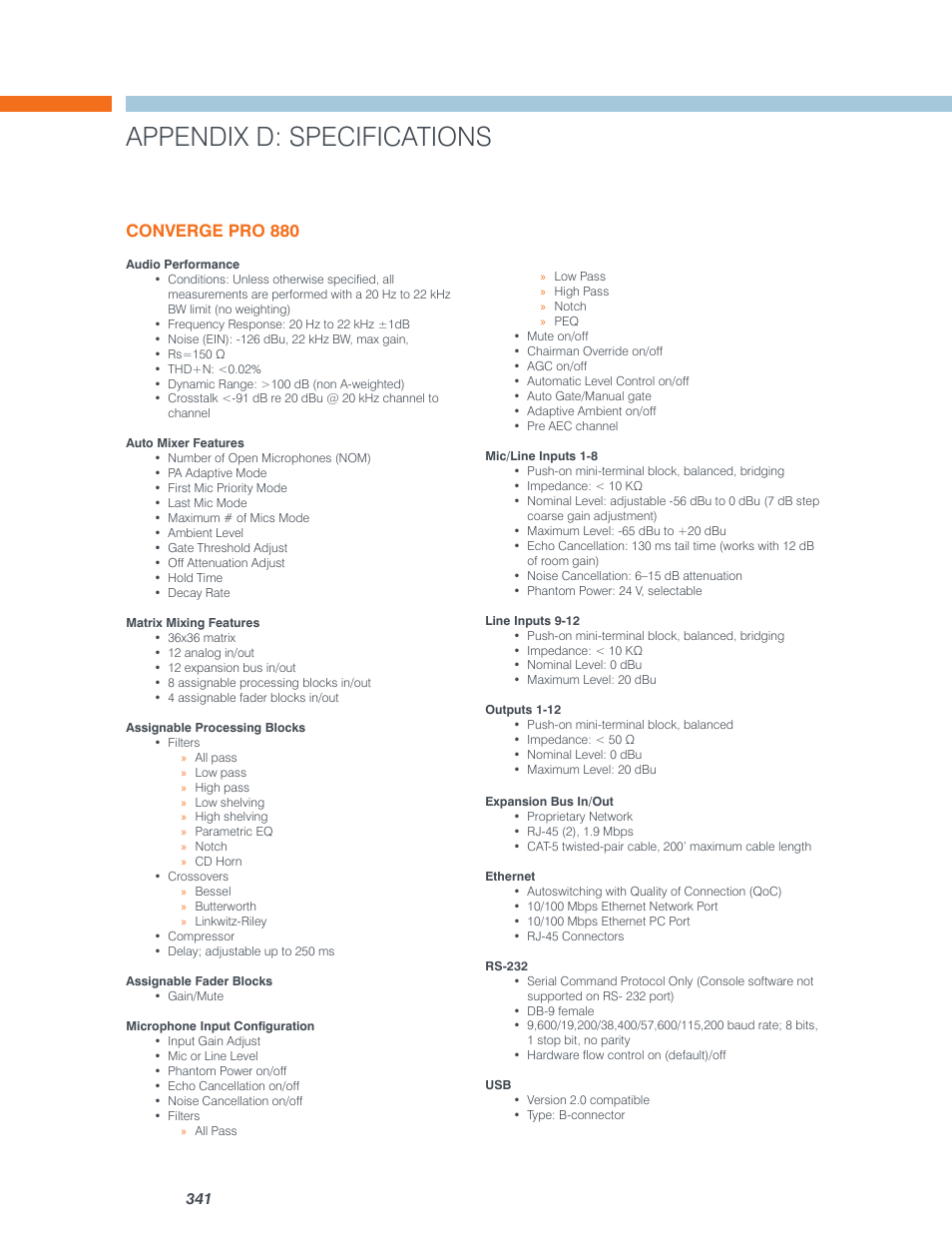 Appendix d: specifications, Converge pro 880 | ClearOne Converge Pro User Manual | Page 346 / 380